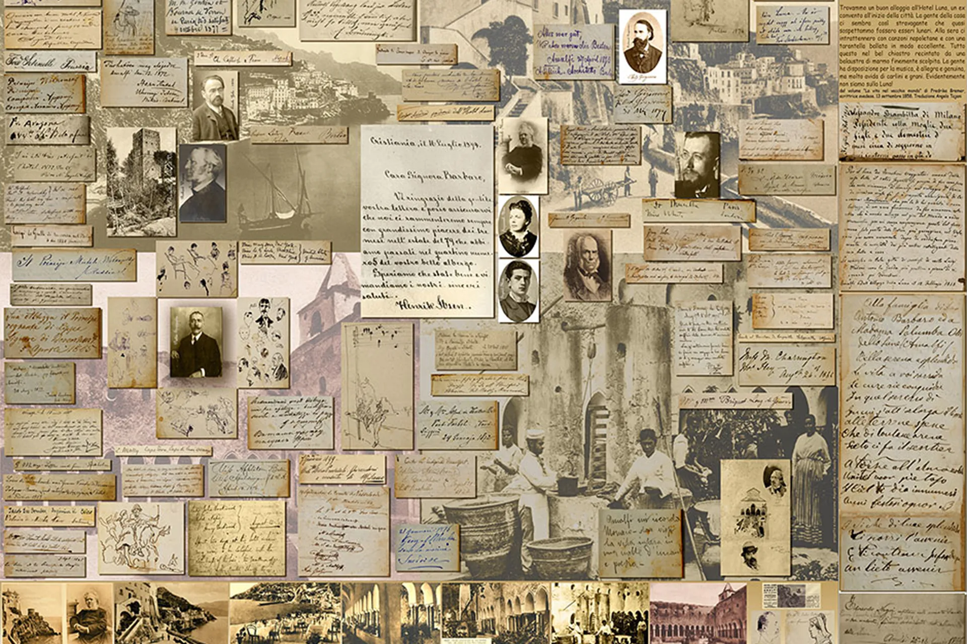 Il chiostro dell'Hotel Luna Convento, dove sono esposte le gigantografie degli ospiti illustri